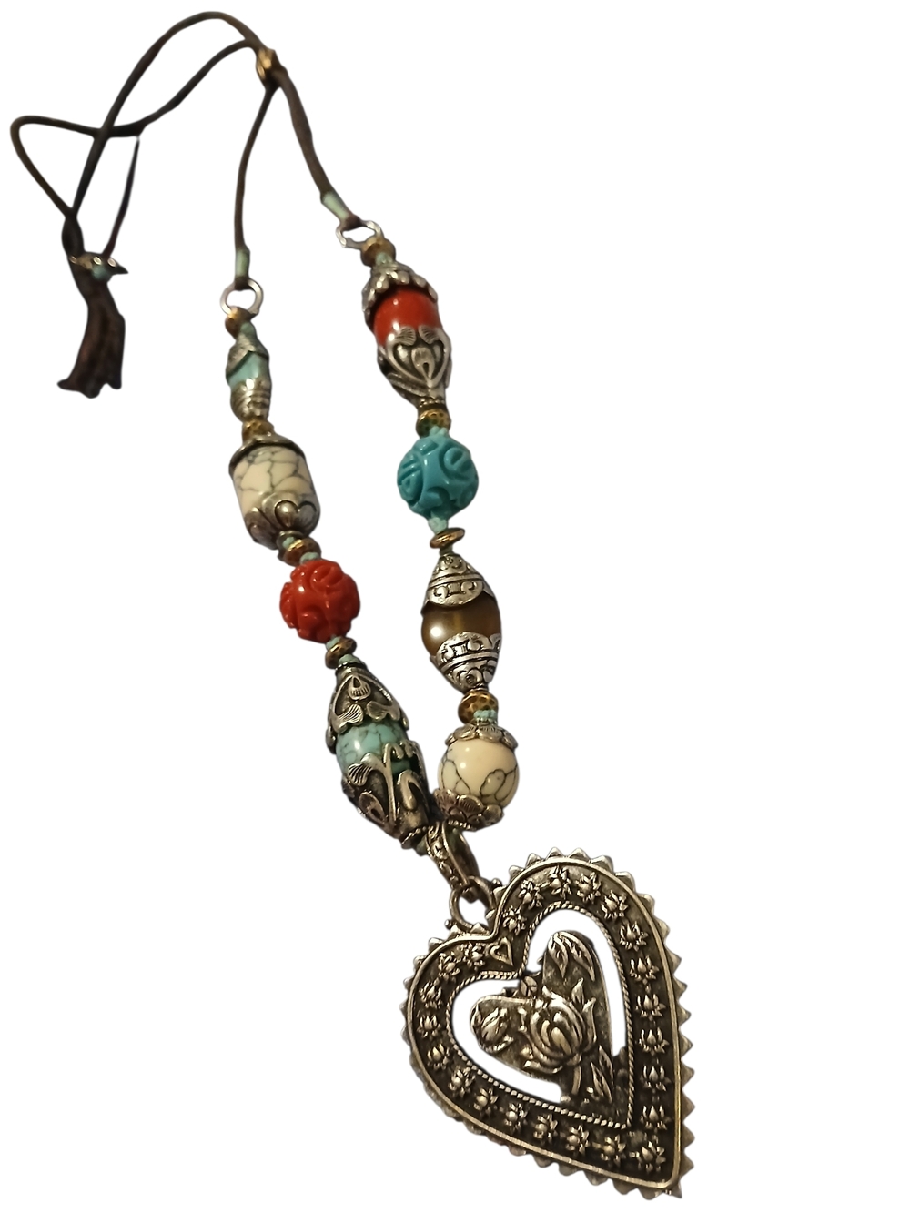 Turquoise, Cream & Coral Heart Pendant Lucky Brand Adjustable  Necklace